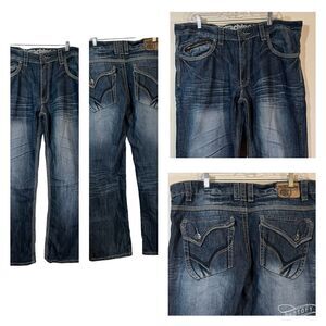 MK MACHINE 1971 SLIM STRAIGHT EMBROIDERED FLAP POCKETS JEANS MENS SIZE 38x30